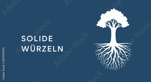 SOLIDE WÜRZELN. Baum mit starken Wurzeln als Symbol für Stabilität, Wachstum und Nachhaltigkeit. Vektor-Illustration auf blauem Hintergrund.
