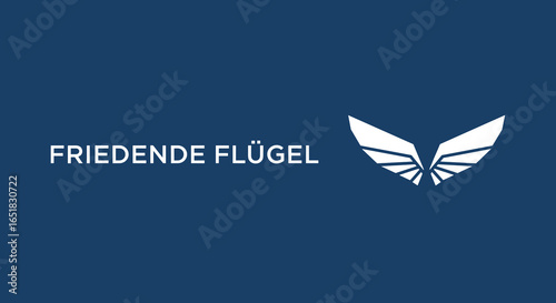 FRIEDENDE FLÜGEL. Logo mit stilisierten Flügeln auf blauem Hintergrund. Konzept für Frieden, Freiheit und Hoffnung.