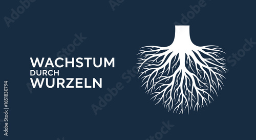 WACHSTUM DURCH WURZELN. Konzept für Stabilität, Herkunft und Entwicklung mit Baumwurzeln als Symbol. Vektor-Illustration auf dunklem Hintergrund.