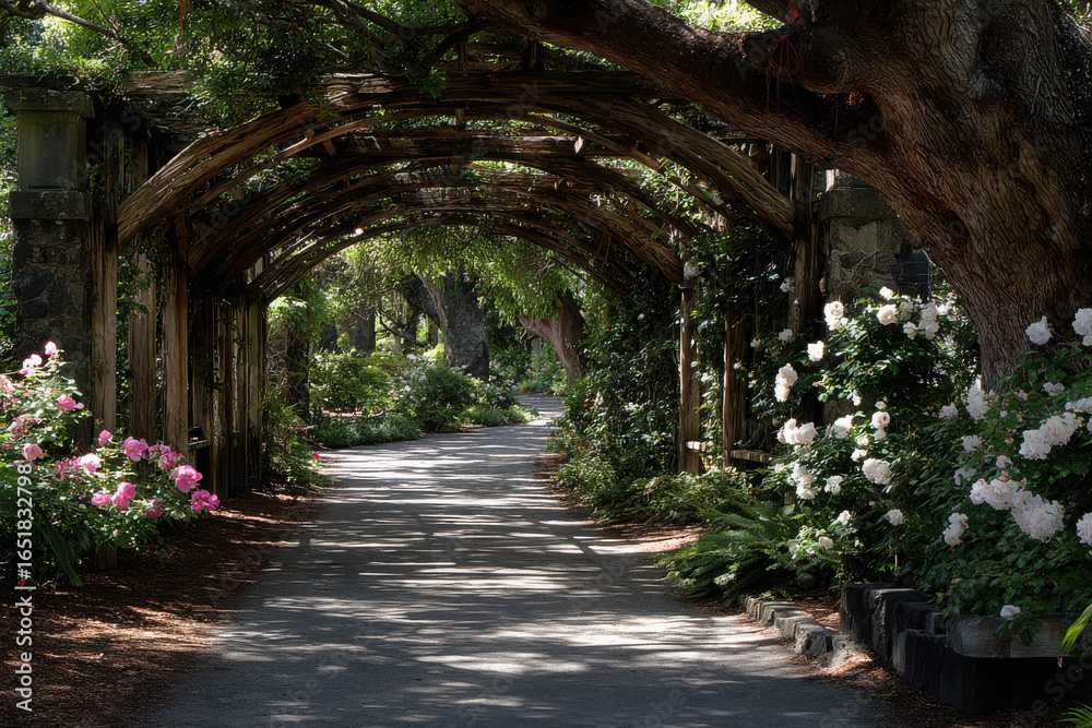 Obraz premium Natural garden archway with pink and white roses in bloom