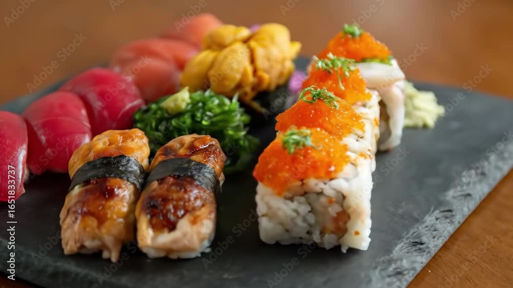 An assorted sushi with nigiri, maki roll, seaweed salad, rice, fish, seafood on black slate plate, featuring vibrant colors, fresh ingredients, and elegant japanese cuisine presentation An assorted sushi with nigiri, maki roll, seaweed salad, rice, fish, seafood on black slate plate, featuring vibrant colors, fresh ingredients, and elegant japanese cuisine presentation