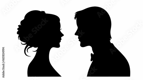 Silhouette of a bride with elaborate hair and groom with bow tie facing each other in black and white art | editable eps vectors