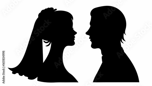 Silhouette of bride and groom facing each other with the bride wearing a veil and hair updo style hair | editable eps vectors