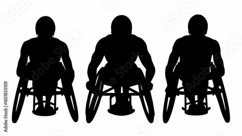 Silhouettes of three athletes in racing wheelchairs on a white background showing their determination and speed | editable eps vectors