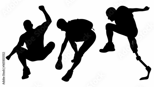 Silhouette of three athletes in dynamic poses one with prosthetic leg showing athletic movement style art | editable eps vectors