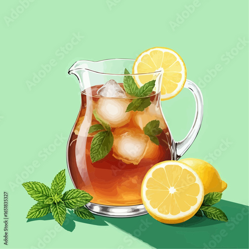 Refreshing summer beverage with lemon and mint served in a glass pitcher on a vibrant green background