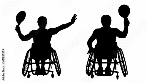 Two wheelchair tennis players silhouetted against a white background engaged in a tennis match scene | editable eps vectors