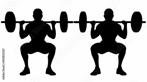 Two silhouetted figures performing squats with barbells on their shoulders in a symmetrical arrangement | editable eps vectors