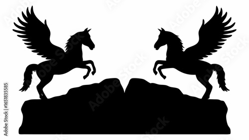 Two pegasus silhouettes rearing on rocks facing each other in a symmetrical black and white design | editable eps vectors