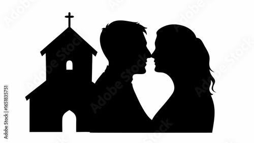 Silhouette of a couple facing each other with a church building in the background forming a romantic scene | editable eps vectors
