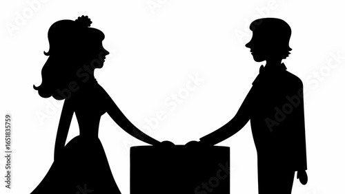 Silhouette of a bride and groom holding hands over a box on their wedding day celebration moment | editable eps vectors