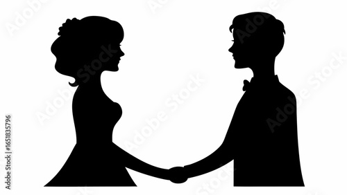 Silhouette of bride and groom holding hands in wedding attire facing each other in black and white | editable eps vectors