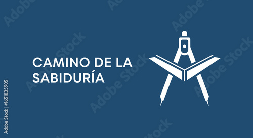 CAMINO DE LA SABIDURÍA. Símbolo masónico con compás y libro abierto sobre fondo azul. Concepto de conocimiento, geometría y espiritualidad.