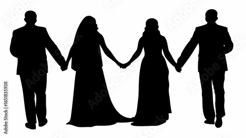 Silhouette of two couples holding hands wearing formal attire on a white background in a wedding scene | editable eps vectors