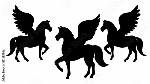 Silhouette illustration featuring three pegasus figures with wings in a symmetrical arrangement design | editable eps vectors