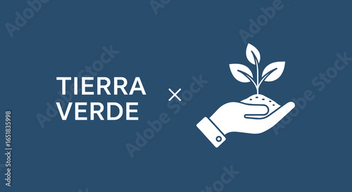 TIERRA VERDE. Concepto de ecología y sostenibilidad con icono de mano sosteniendo una planta. Cuidado del medio ambiente y crecimiento.