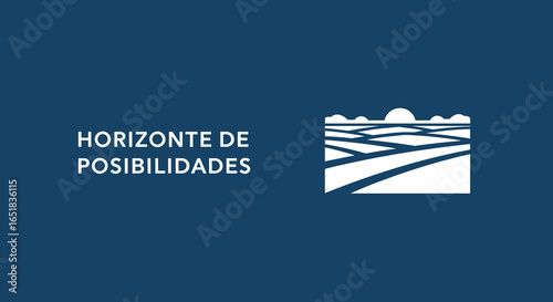 HORIZONTE DE POSIBILIDADES. Ilustracion de un paisaje con campos y sol en el horizonte. Concepto de futuro, vision y crecimiento.