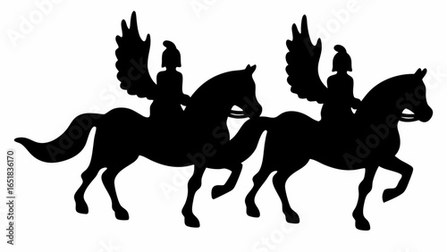 Two winged horses with riders in black silhouette against a white background side by side design art | editable eps vectors
