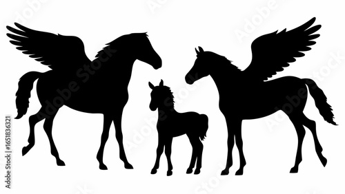 Silhouette depiction of two adult pegasus and a foal standing together on a white background design art | editable eps vectors