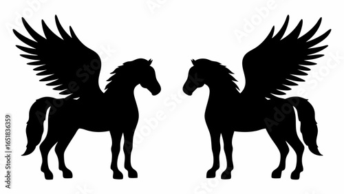 Two black silhouette pegasus figures facing each other on a white background in a symmetrical arrangement | editable eps vectors