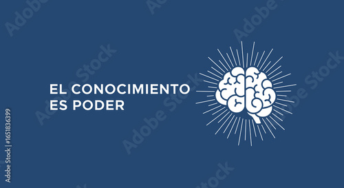 EL CONOCIMIENTO ES PODER. Ilustración de un cerebro humano con rayos de luz sobre fondo azul. Concepto de sabiduría, inteligencia y educación.