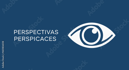 PERSPECTIVAS PERSPICACES. Icono de ojo estilizado sobre fondo azul. Concepto de visión, perspicacia y observación.