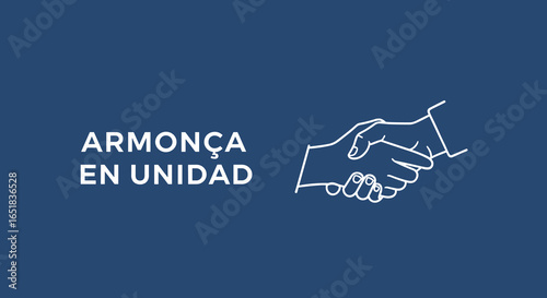 ARMONÇA EN UNIDAD. Ilustración de un apretón de manos simbolizando acuerdo, pacto y cooperación sobre un fondo azul.