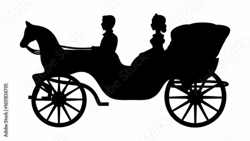 Silhouette of a horse drawn carriage with a man and woman inside in a vintage style illustration | editable eps vectors