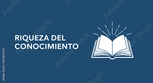 RIQUEZA DEL CONOCIMIENTO. Icono de libro abierto con rayos de luz sobre fondo azul. Concepto de educación, sabiduría y aprendizaje.