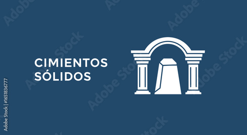 CIMIENTOS SÓLIDOS. Icono de arco clásico con columnas y piedra angular. Concepto de base, fortaleza, estabilidad y seguridad.