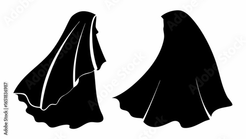 Two stylized black silhouettes of draped figures or cloaks on a white background image design | editable eps vectors
