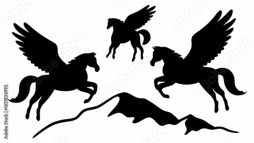Three pegasus silhouettes soaring above a mountain range in a stark black and white composition | editable eps vectors