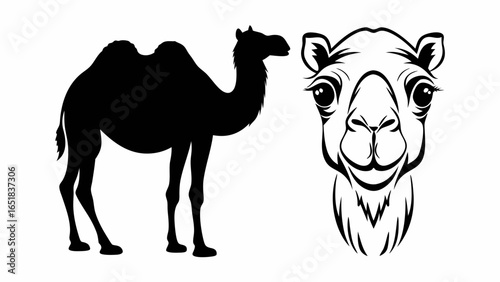 Two camels one in silhouette and the other a detailed face drawing in black and white illustration | editable eps vectors