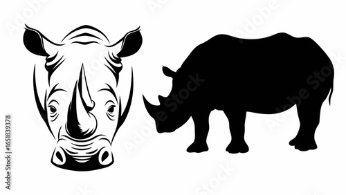 Illustration of a rhino head outline and a rhino silhouette standing on a white background image | editable eps vectors
