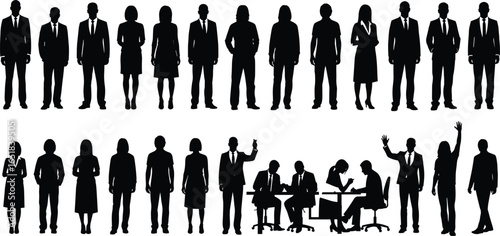Business people silhouette vector set of men and women standing, working, waving, teamwork and office activity illustrations.