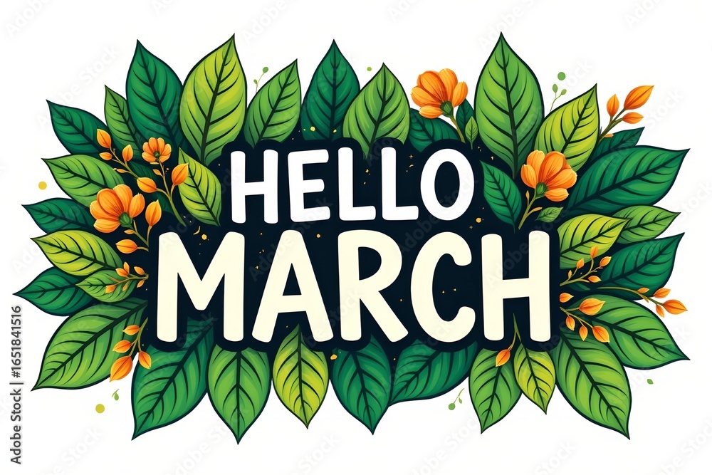 Fototapeta premium Vibrant Spring Illustration with Fresh Green Leaves and Hello March