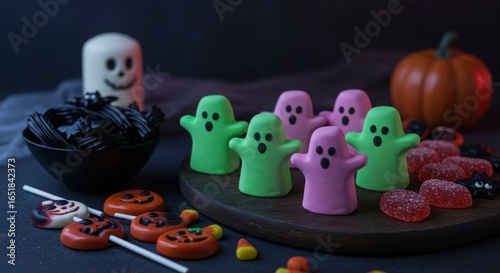 halloween spooky dessert board with neon marshmallow ghosts for a joyful halloween celebration