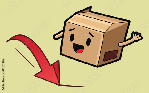 Playful cardboard box with bold red downward arrow and motion lines