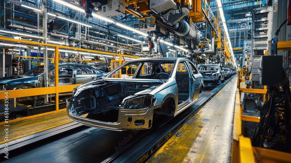 Fototapeta premium Automobiles on a production line in a factory.