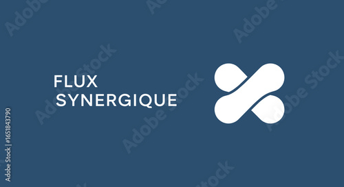 FLUX SYNERGIQUE. Logo conceptuel abstrait, icône de connexion et de synergie. Symbole de flux et de collaboration sur fond bleu.