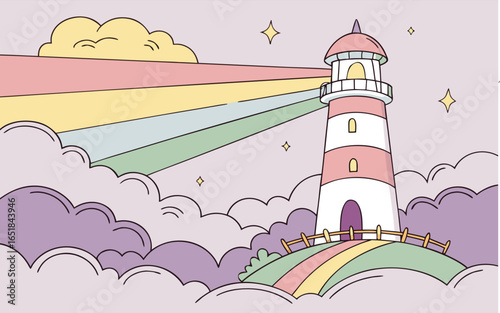 Magical fantasy lighthouse floating in pastel sky with rainbow mist and sunbeams