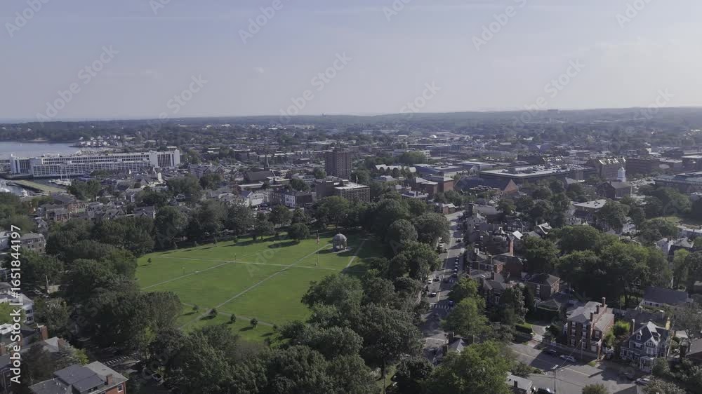 Drone orbits left from the north to the east side of downtown Salem, Massachusetts, USA on sunny summer day Drone orbits left from the north to the east side of downtown Salem, Massachusetts, USA on sunny summer day