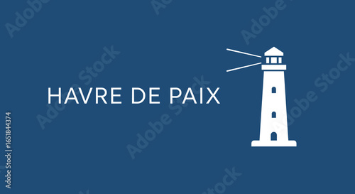 HAVRE DE PAIX. Logo ou icône avec un phare blanc sur fond bleu. Concept de tranquillité, sécurité et refuge.
