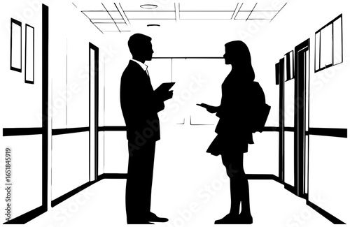 Silhouette of Principal Talking to a Student in Corridor