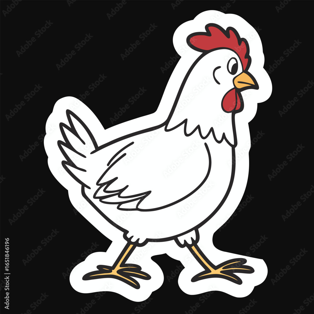 Fototapeta premium White cartoon chicken with red comb and sticker border