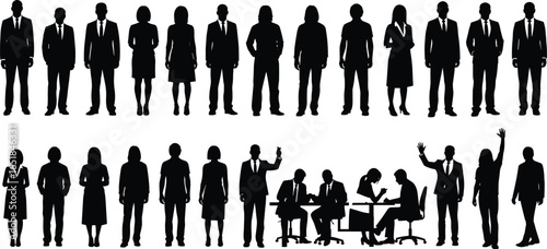 Silhouette Business People in Formal and Casual Outfits Standing and Working Together in Office Environment – Vector Illustration Set