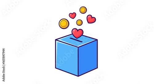 Donation box with hearts and coins symbolizing charity, fundraising, and generosity with a positive outlook