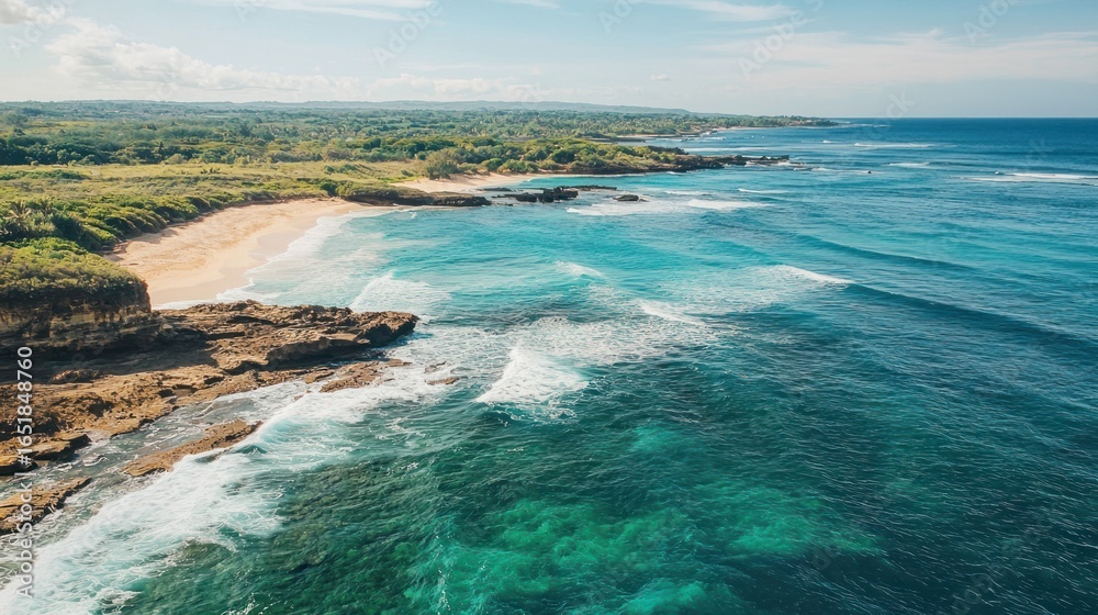 Obraz premium A breathtaking aerial view of a coastal landscape with turquoise waters and rocky cliffs.