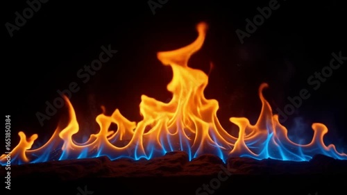Beautiful burning flames with orange and blue fire on dark background
