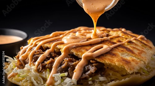 Close-up video of a golden Greek pita filled with gyro and shredded cabbage, topped with coral-colored mayonnaise sauce slowly dripping, beside a small black bowl, isolated on a black background